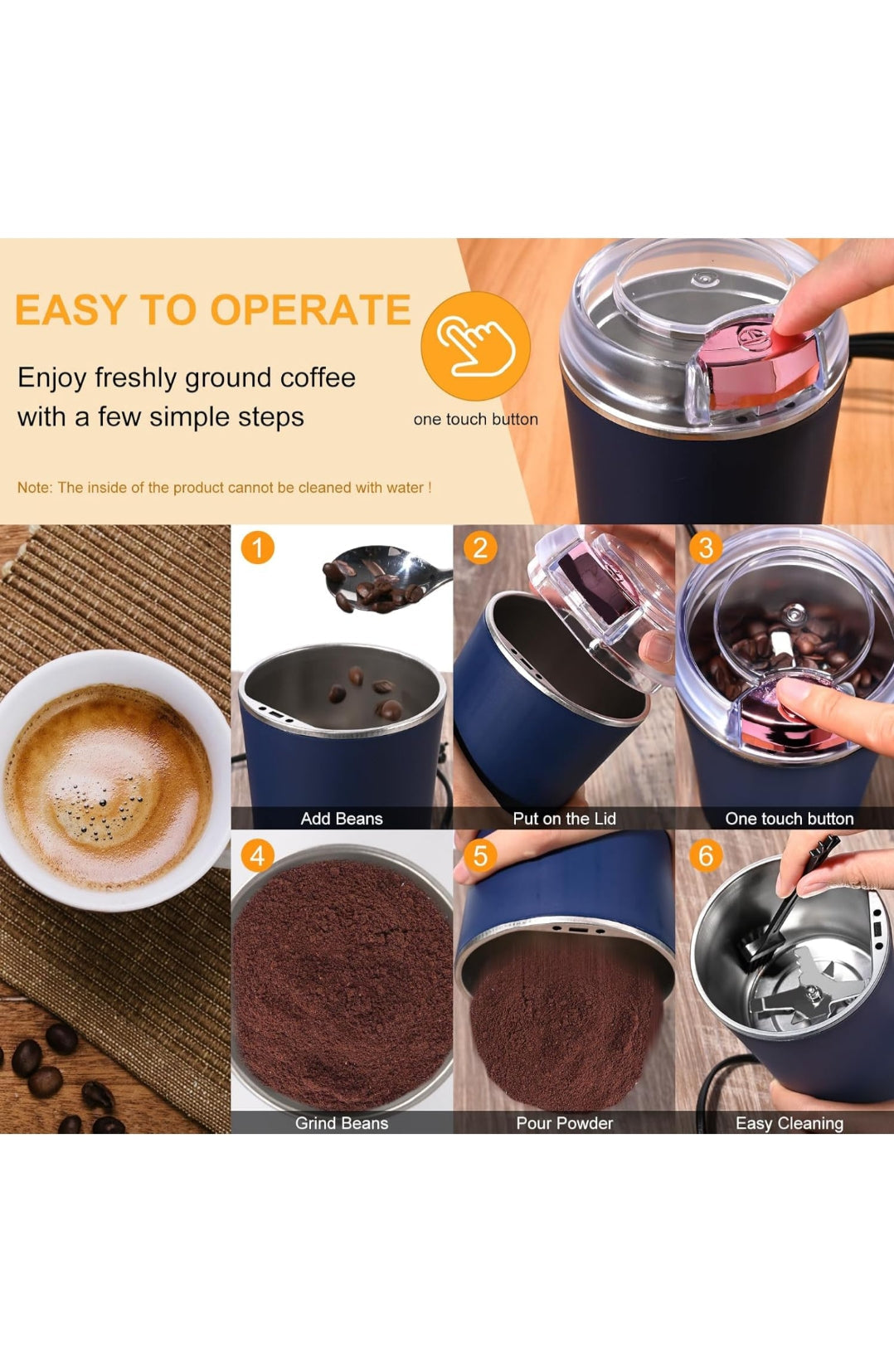 Weinsamkeit Electric Coffee Grinder, Multifunctional Coffee Grinder 200 W with Stainless Steel Blades Electric Coffee Grinder Protection Against Overheating Portable Coffee Grinder for Beans