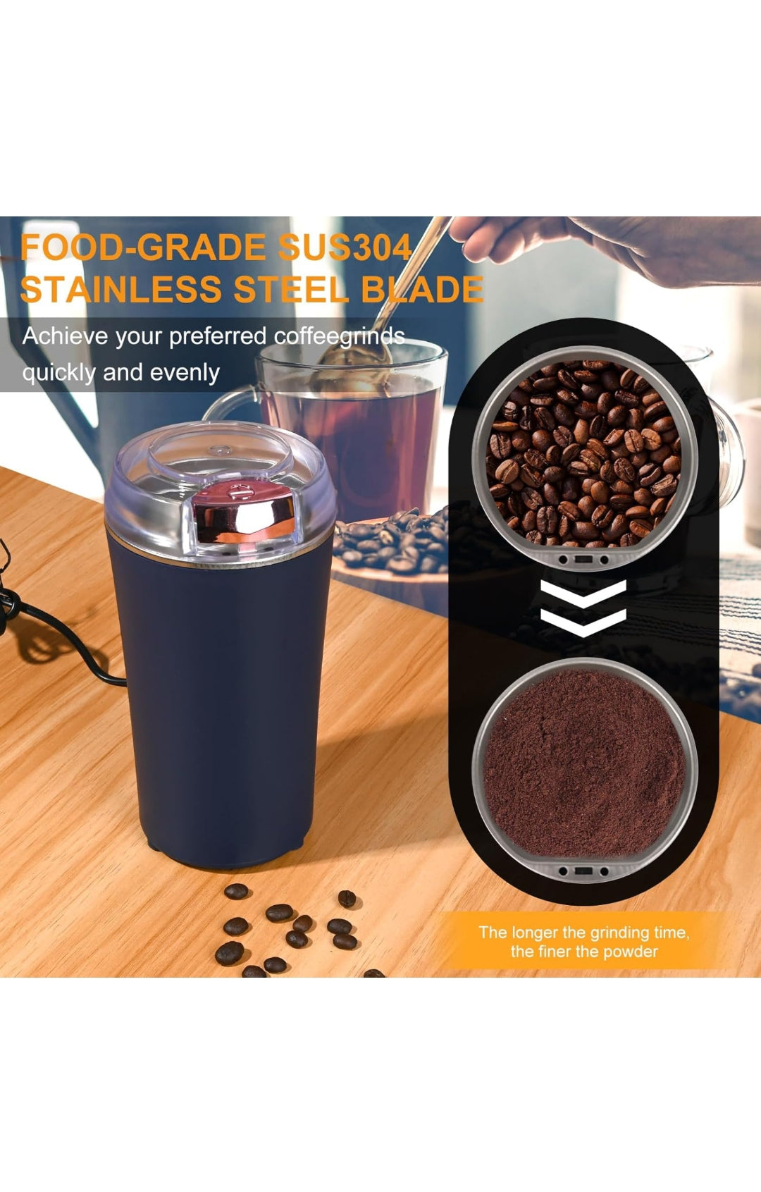 Weinsamkeit Electric Coffee Grinder, Multifunctional Coffee Grinder 200 W with Stainless Steel Blades Electric Coffee Grinder Protection Against Overheating Portable Coffee Grinder for Beans