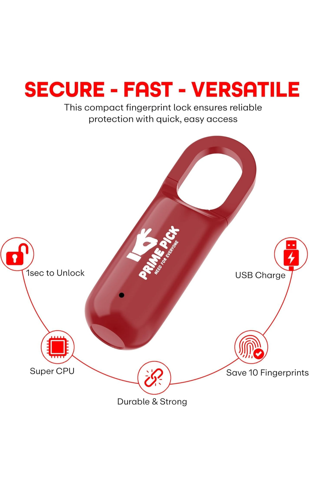 PRIME PICK Secure Fingerprint Padlock, Mini Black Padlock Fingerprint Lock, Long Standby Time USB Charge Keyless Padlock for Gym School Locker, House Door, Travel Luggage, Backpack - Red 1 Pack