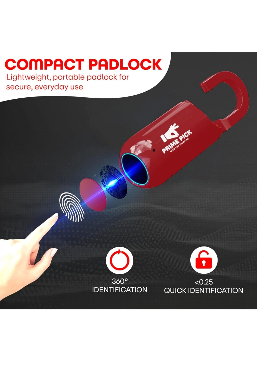 PRIME PICK Secure Fingerprint Padlock, Mini Black Padlock Fingerprint Lock, Long Standby Time USB Charge Keyless Padlock for Gym School Locker, House Door, Travel Luggage, Backpack - Red 1 Pack