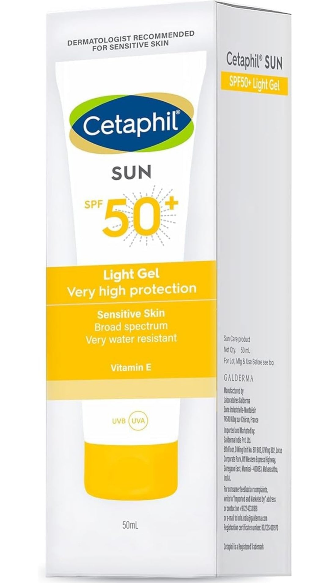 Cetaphil Sun SPF 50 Sunscreen For Combination Skin Type, Very High Protection Lightweight Gel, Water-resistant, Vitamin E, 50 ml